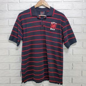 Manav Mens XL Black Red Stripe‎ Textured Knit Wales Dragon Logo Rugby Polo Shirt
